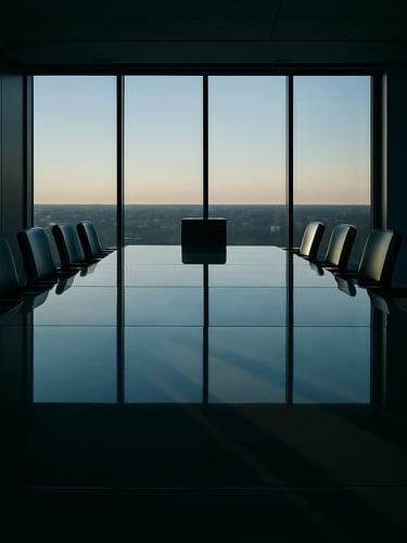 Wide panoramic shot of an empty corporate boardroom at dawn — a long glass table stretching toward floor-to-ceiling windows, cool directional light cutting geometric shadows across the surface, no people, high contrast, architectural precision