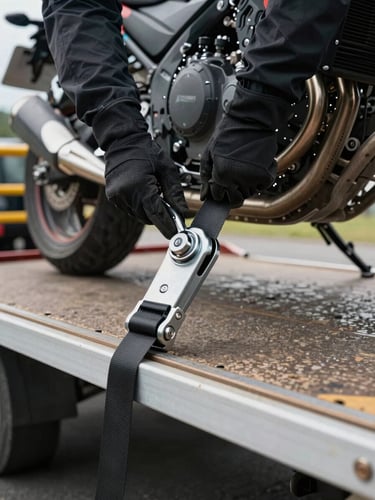 Close-up low-angle shot of gloved hands fastening a ratchet tie-down strap to a motorcycle's fork brace on a flatbed carrier deck, overcast daylight, the metal hardware and strap tension in sharp focus, asphalt visible below the carrier edge