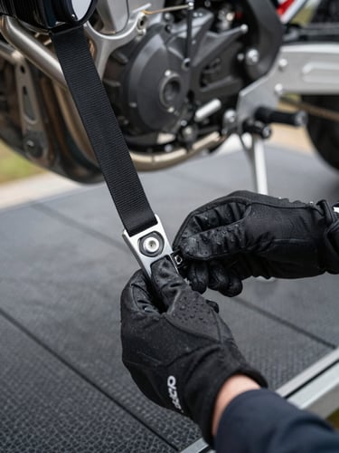 Close-up of gloved hands connecting a soft-loop tie-down to a motorcycle swingarm, overcast daylight, the metal hardware and textile strap in sharp focus, dark carrier deck visible beneath, no faces or staff visible