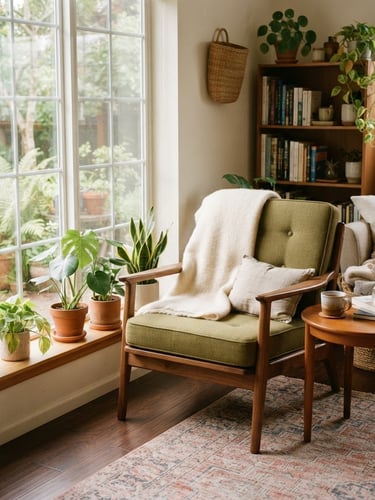 Cozy living room filled with warm natural daylight, a stylish mid-century modern wooden armchair next to a large window with green plants, soft shadows, realistic home environment