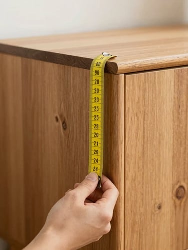 Hands holding a classic yellow measuring tape against the corner of a clean wooden sideboard, soft daylight, realistic domestic texture
