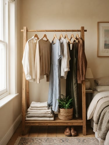 Soft natural indoor daylight, a cozy wooden clothing rack with linen and cotton clothes on wooden hangers, warm domestic setting, 35mm lens