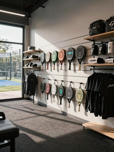 Wide shot of a clean, organized pro shop interior at Pure Padel — rackets racked on a wall, shelves with apparel and accessories, natural daylight from a window, no people, sharp shadows