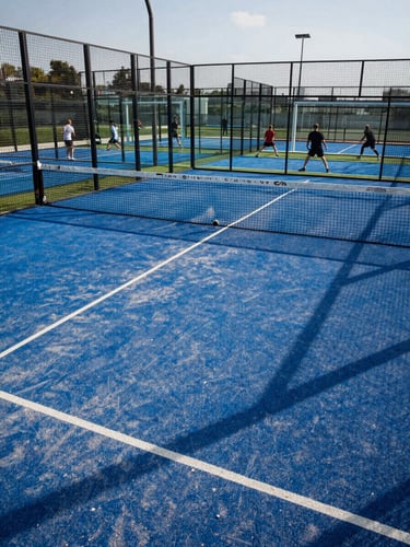 Wide-angle view of a tournament-grade padel court under sharp natural daylight, players mid-rally in the background, court lines crisp and surface detail sharp, shot from court-side at medium distance