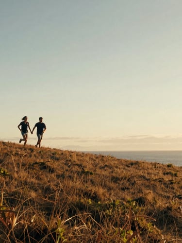 A wide panoramic coastal bluff at golden hour, a young couple running hand-in-hand in the distance, expansive sky, warm sun-drenched lighting.