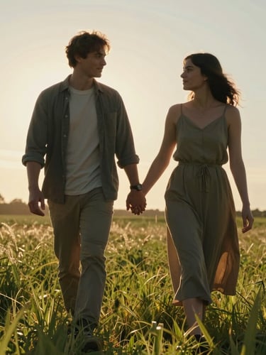 Cinematic portrait of a couple walking hand-in-hand through a sun-drenched meadow, warm backlighting, natural lens flare, low-angle golden hour sun, unposed authentic interaction.