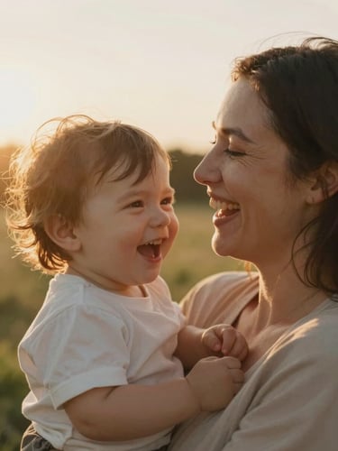 A candid close-up of a mother laughing with her toddler, warm golden hour backlighting, natural lens flare, soft focus, cinematic 16:9 feel.
