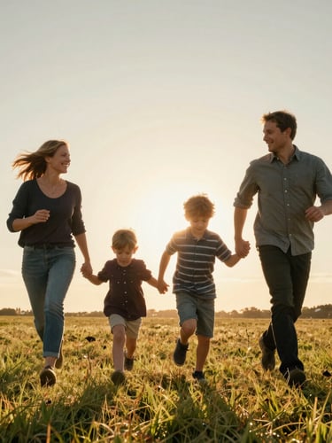 Cinematic portrait of a family running through a sun-drenched field at golden hour, low-angle sun, natural lens flare, warm backlighting, soft shadows.