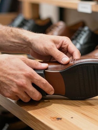 A close-up shot of a shopkeeper's hands inspecting the stitching and flexible rubber sole of a modern leather shoe at a wooden shop counter, bright natural market daylight