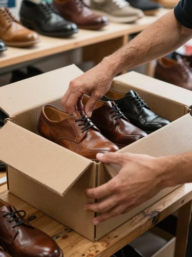 A close-up of hands opening a heavy cardboard box on a wooden shop counter, revealing neatly stacked leather shoes inside, bright natural market lighting.
