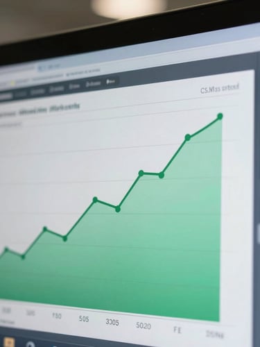 Macro close-up of a real-time digital marketing dashboard showcasing green growth lines and sharp conversion metrics under cool office light.