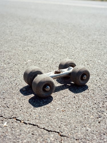 Low-angle gritty documentary shot of worn skate wheels on dusty cracked highway asphalt, harsh midday sun glare, high-contrast desaturated tones