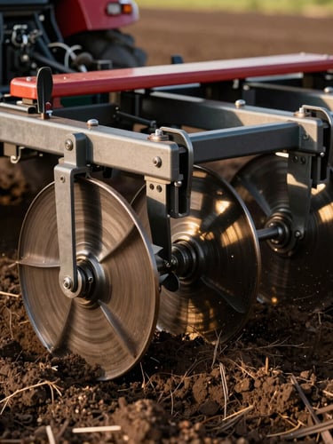 Close-up of modern agricultural seeder discs cutting into dark, rich soil, warm afternoon sunlight, sharp focus on mechanical details.