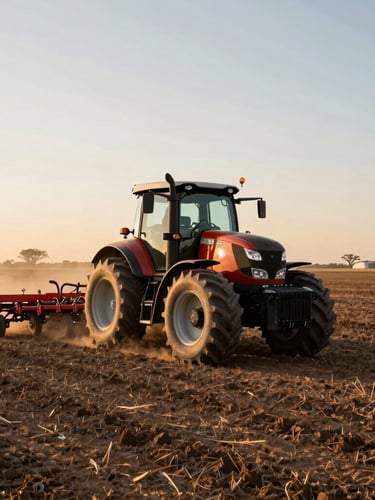 Wide panoramic shot of a modern heavy tractor pulling a high-precision seeder through a flat South American field at golden hour, dust rising behind the machine, warm low-angle sunlight hitting the soil.