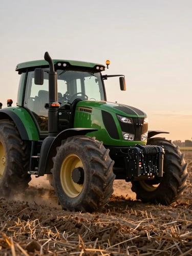 Vista lateral de un tractor moderno verde cruzando un campo de rastrojo al atardecer, polvo dorado suspendido en el aire, enfoque nítido en el neumático trasero y el suelo labrado.