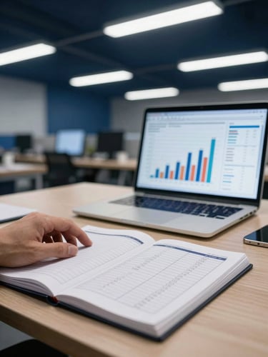 Wide panoramic shot looking across a professional operations desk from the left, a hand resting on an open notebook filled with structured tables and KPI columns, a laptop screen displaying a financial dashboard with bar charts in the background, clean overhead fluorescent light, navy background, no people visible above the wrist