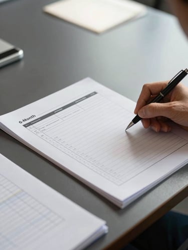 Close-up panoramic view from the right side of a professional meeting table, a hand holding a pen over a printed 6-month planning document with weekly rows and milestone columns, a second document with handwritten KPI targets partially visible at the frame edge, hard overhead fluorescent light casting sharp shadows, no faces visible