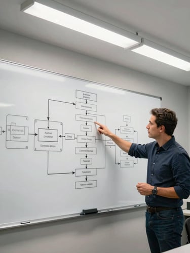 Wide environmental shot, left-bleed composition: André Conejo standing at a whiteboard covered in structured flow diagrams and numbered process steps, pointing at a stage in the framework, bright overhead fluorescent lighting, professional context of a working operations room, no decorative elements — the board content is the focal subject, André in mid-explanation
