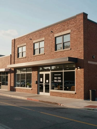 Wide environmental shot of a two-storey commercial building exterior, brick facade, natural daylight from the left, wide framing showing street frontage and neighboring structures, empty sidewalk, business hours