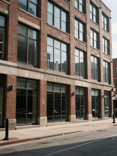 Wide environmental shot of a brick-and-glass mixed-use building exterior, photographed from across the street in natural daylight, empty sidewalk in the foreground, the full facade filling the frame from street level to roofline, no people, no signage, documentary composition