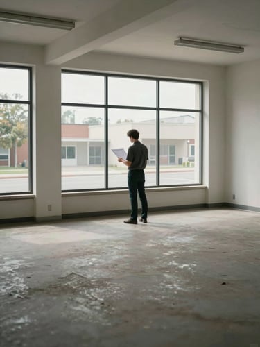 Wide shot of a principal standing inside a vacant commercial unit, natural light from large street-facing windows, the person facing away toward the window reviewing plans or notes, environmental framing shows the room's condition and scale — no posed expression, no eye contact