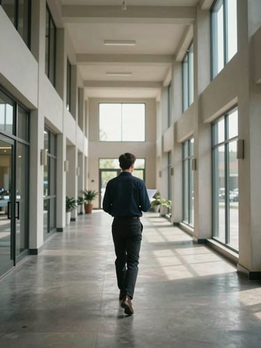 Wide environmental shot looking down a commercial building corridor, natural daylight streaming through tall windows at the far end, a principal mid-step reviewing a document in hand, shot from behind at distance to show scale of the space — no staging, no eye contact