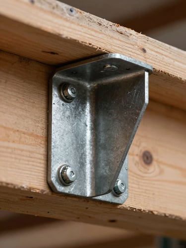 Extreme close-up of a heavy steel bracket bolted into a seasoned cedar beam, raw industrial textures, sharp focus.