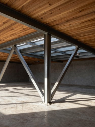 Architectural detail of a steel-framed veranda canopy integrated into a raw timber ceiling, casting sharp linear shadows on a concrete floor.