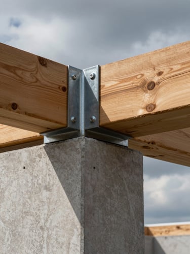 Extreme close-up of a raw steel structural joint anchoring a seasoned cedar beam to a raw concrete foundation wall, sharp architectural shadows, overcast dramatic sky.