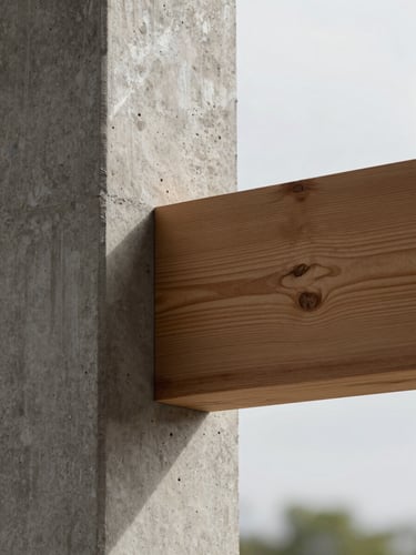 Extreme close-up of a raw concrete pillar meeting a seasoned cedar support beam, dramatic shadow play, architectural detailing, overcast lighting.
