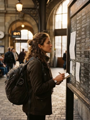 Candid medium shot of a woman with a backpack looking at a train schedule board in a rustic European station, natural golden-hour light, 35mm film grain.