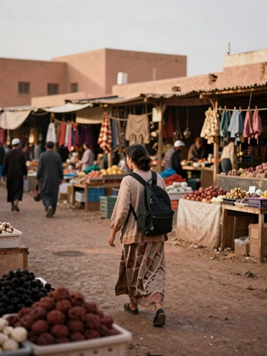 Candid medium shot of a woman with a backpack navigating a bustling local market in Morocco, earthy terracotta tones, natural overcast light, authentic documentary photography.