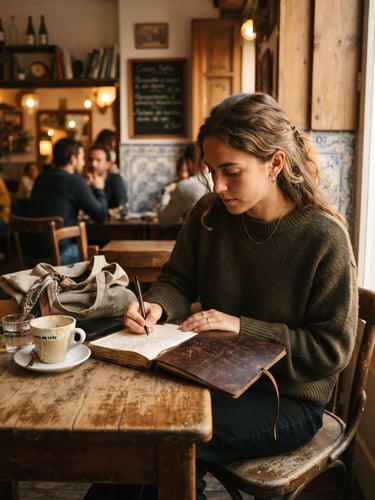Candid shot of a woman sitting at a rustic wooden table in a warm-lit Lisbon cafe, writing in a worn leather travel journal, soft golden hour light, authentic documentary photography, 35mm film grain