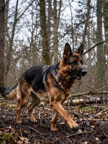 Low-angle dynamic shot of a German Shepherd tracking through muddy forest, high contrast, overcast daylight, 35mm.