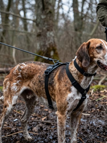 Close-up of a Bloodhound harness and long line held by a tactical handler, muddy forest background, overcast daylight, high-contrast.