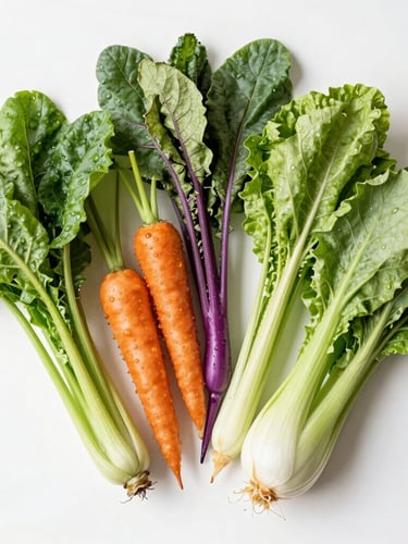 Overhead flat-lay of vibrant, dew-kissed organic vegetables on a clean white surface, bright natural morning daylight, crisp focus