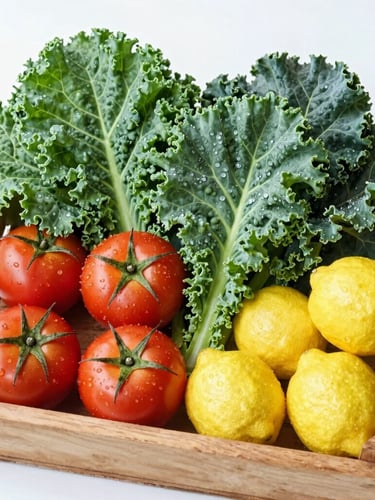 Overhead shot of a rustic wooden crate filled with vibrant, dew-kissed green kale, bright red tomatoes, and fresh yellow lemons under bright natural morning daylight.