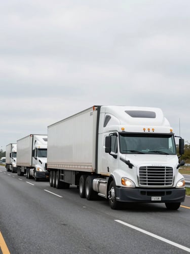 Wide panoramic shot of a convoy of semi-trucks moving along an interstate highway, taken from a low angle to the right shoulder, overcast midday light, fleet vehicles in clean formation, industrial scale visible, no drivers visible, open road ahead