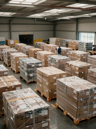 Wide environmental shot inside a large distribution warehouse, overhead skylights casting even daylight, rows of palletized freight staged for loading, a dock worker at a handheld scanner in the mid-ground, scale of the facility visible, no faces prominent, organized and operational
