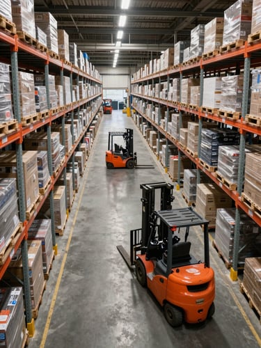 Wide shot looking down a busy warehouse aisle from a high angle, forklifts moving palletized freight under bright overhead skylights, organized rack systems on both sides receding into the distance, clean concrete floor with painted lane markings