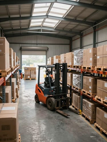 Wide interior shot of an active distribution warehouse, overhead skylights casting clean daylight across organized pallet rows, a forklift in motion in the mid-ground, freight staged at bay doors in the background