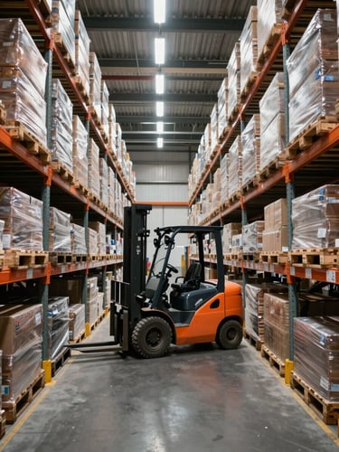 Wide-angle interior of an active distribution warehouse, forklift in motion mid-aisle, palletized freight stacked in organized rows under high skylights, clean industrial lighting, no people posing