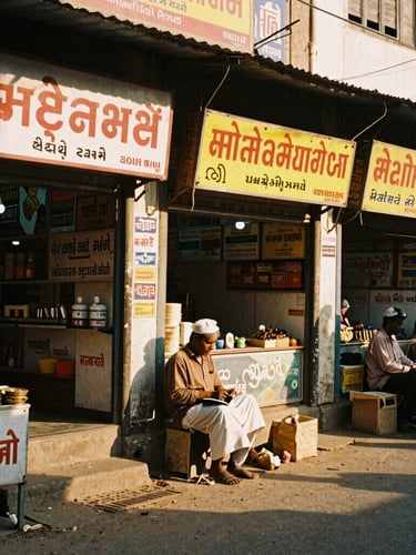 Raw editorial street photography of a bustling market in Indore, warm golden-hour sunlight casting long shadows on hand-painted shop signs, 35mm film grain, candid framing of a local vendor.