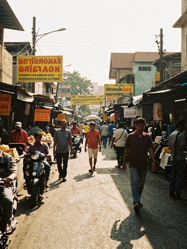 Wide environmental 35mm film shot of a bustling Mumbai street market in harsh afternoon sunlight, hand-painted signs, warm golden tones, candid framing.