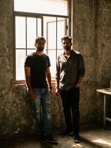 Candid portrait of two Indian creative partners in a raw, concrete Mumbai studio space, high-contrast afternoon sun streaming through a metal-framed window, warm golden tones, unpolished editorial style.