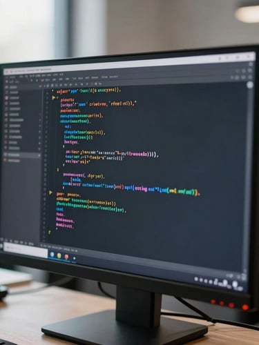 A close-up of a developer workstation showing clean analytics code on a vertical monitor, cool natural office daylight, sharp focus on the syntax.
