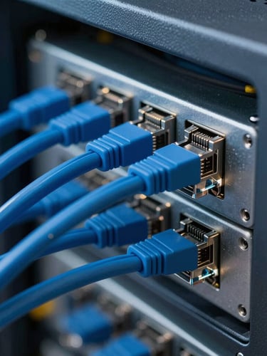 Close-up macro shot of physical enterprise server rack wiring, clean blue ethernet cables, cool-toned ambient light.
