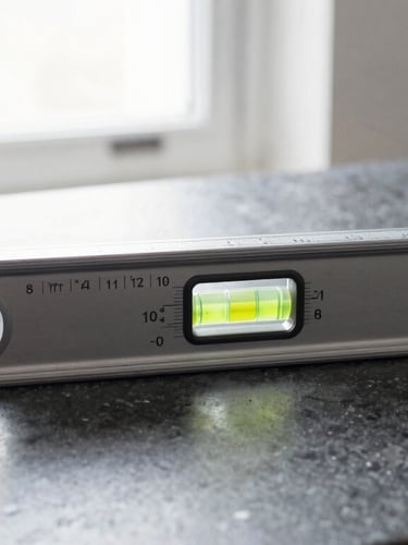 Close-up of a professional spirit level resting on a dark quartz worktop, showing absolute precision, natural light