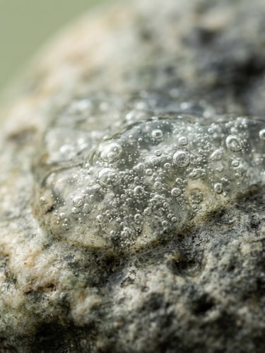 Macro close-up of clear aloe vera gel texture with tiny air bubbles on wet stone, soft morning light, shallow depth of field