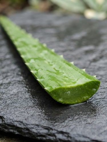 Soft morning light illuminating a single freshly cut aloe leaf on wet stone, clean product photography, shallow depth of field